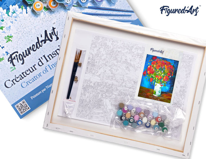 Malen nach Zahlen 40x50cm auf Keilrahmen gespannt Figured’Art Vase mit rotem Klatschmohn – Van Gogh