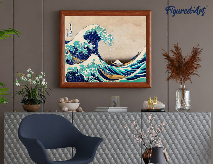 Malen nach Zahlen 40x50cm auf Keilrahmen gespannt Figured’Art Die grosse Welle von Kanagawa von Katsushika Hokusai