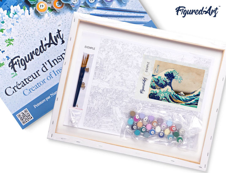 Malen nach Zahlen 40x50cm auf Keilrahmen gespannt Figured’Art Die grosse Welle von Kanagawa von Katsushika Hokusai