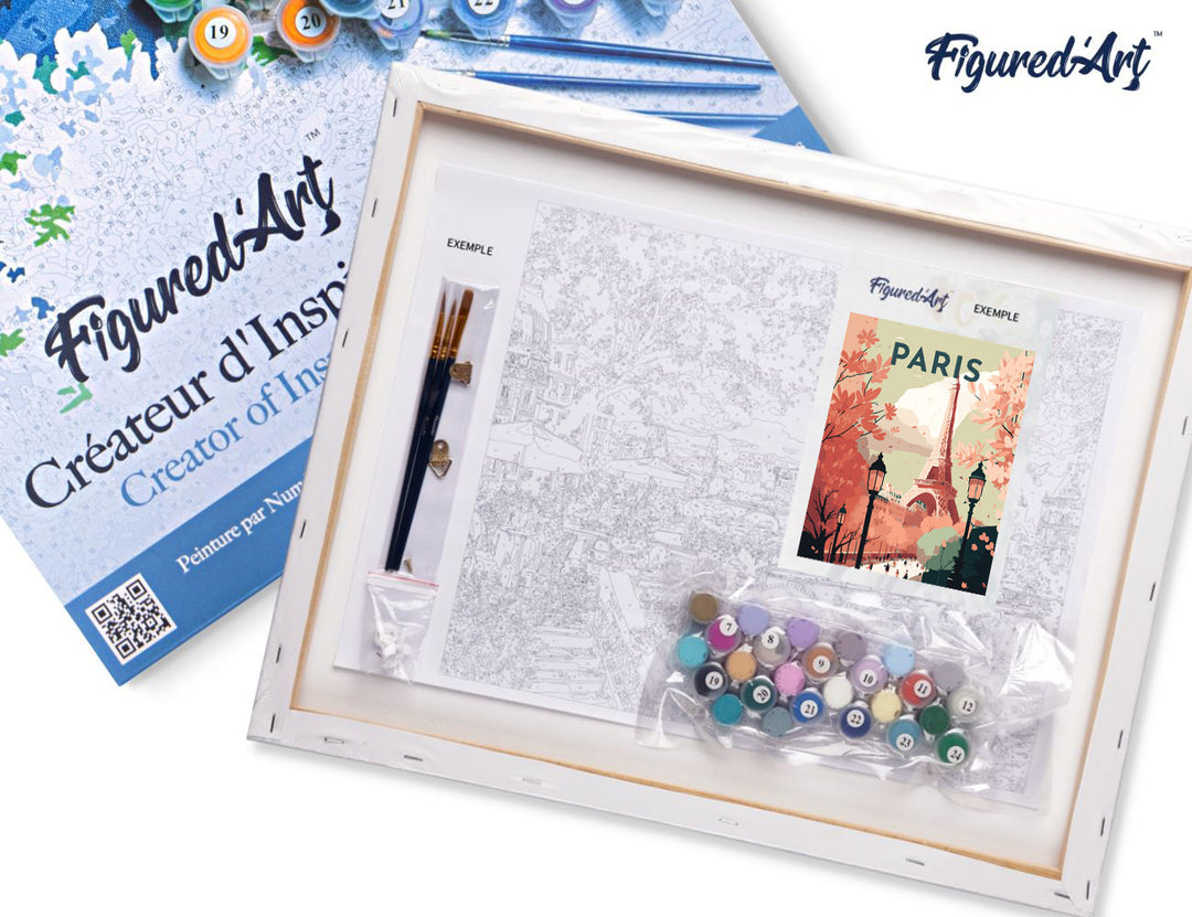 Figured’Art Malen Nach Zahlen Set 40x50 cm Keilrahmen Reiseplakat Paris II Komplett-Set Farben Leinwand Pinsel - Kidis Art