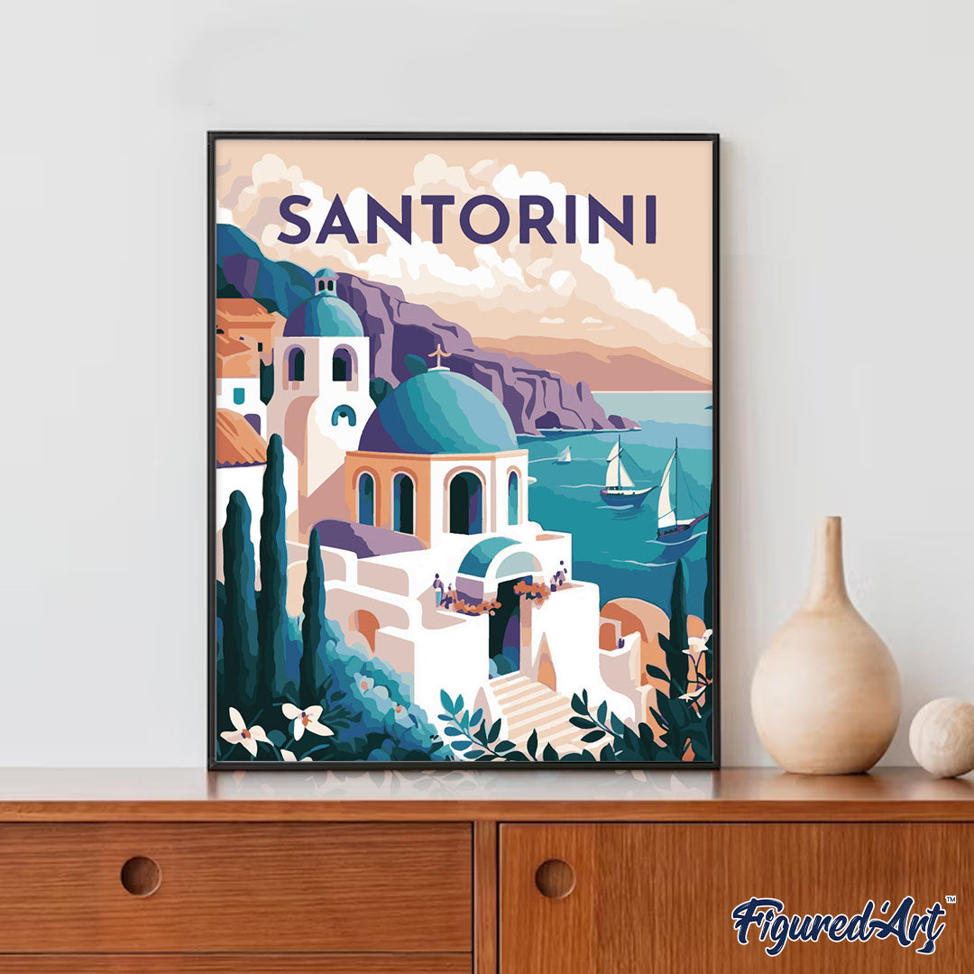 Malen nach Zahlen 40x50cm ohne Keilrahmen Figured’Art Reiseplakat Santorini - Kidis Art