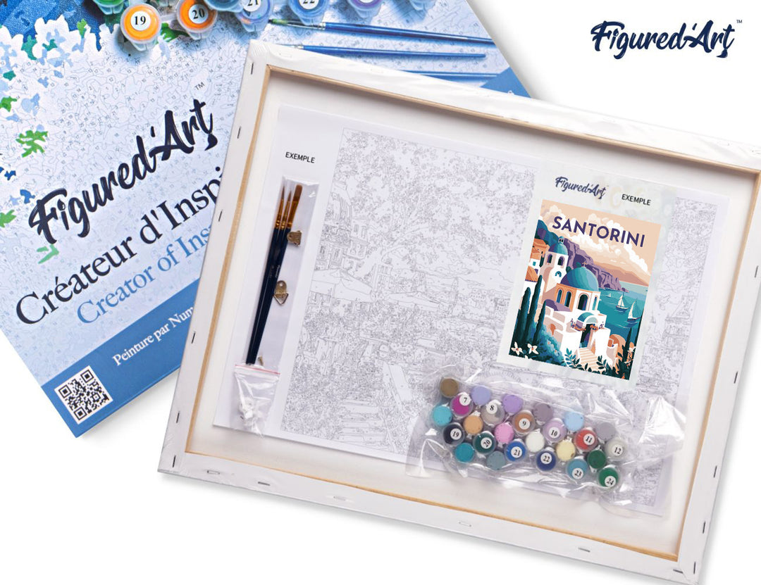 Malen nach Zahlen 40x50cm auf Keilrahmen gespannt Figured’Art Reiseplakat Santorini