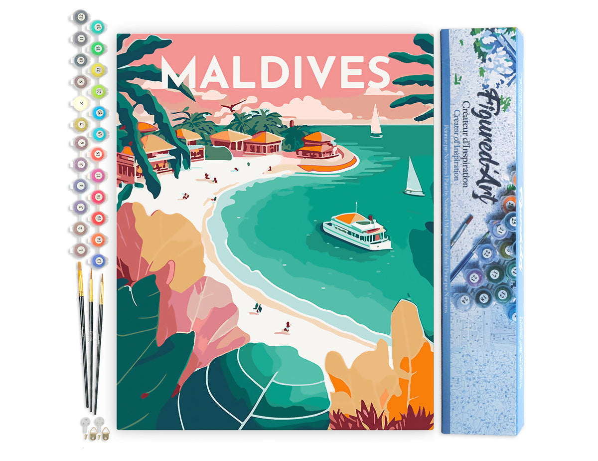Malen nach Zahlen 40x50cm ohne Keilrahmen Figured’Art Vintage-Poster Malediven - Kidis Art