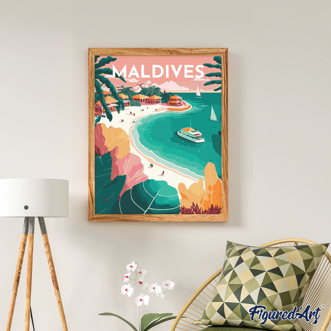 Malen nach Zahlen 40x50cm ohne Keilrahmen Figured’Art Vintage-Poster Malediven - Kidis Art
