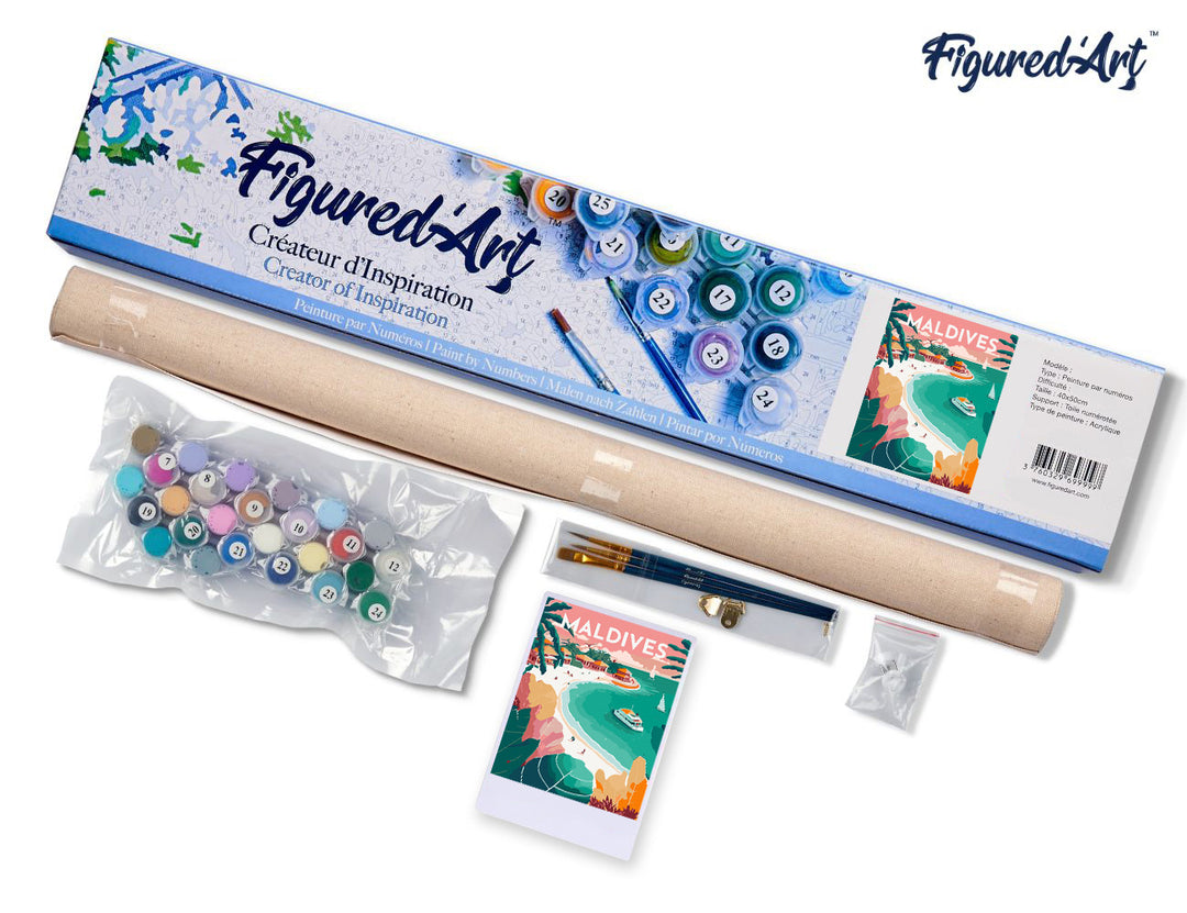Malen nach Zahlen 40x50cm ohne Keilrahmen Figured’Art Vintage-Poster Malediven