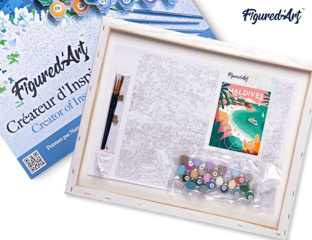Malen nach Zahlen 40x50cm auf Keilrahmen gespannt Figured’Art Vintage-Poster Malediven