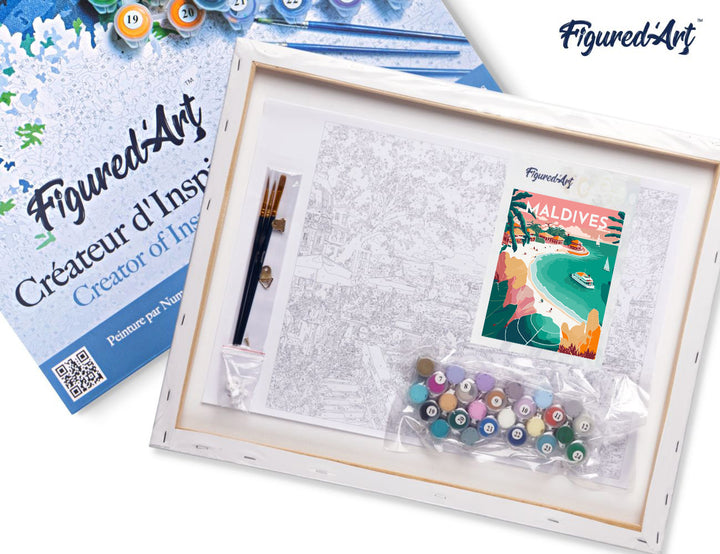 Malen nach Zahlen 40x50cm auf Keilrahmen gespannt Figured’Art Vintage-Poster Malediven