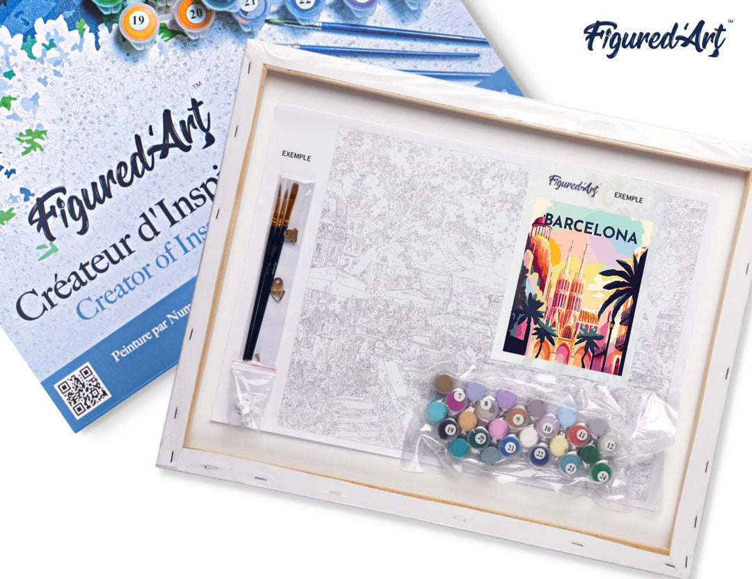 Malen nach Zahlen 40x50cm auf Keilrahmen gespannt Figured’Art Reiseplakat Barcelona