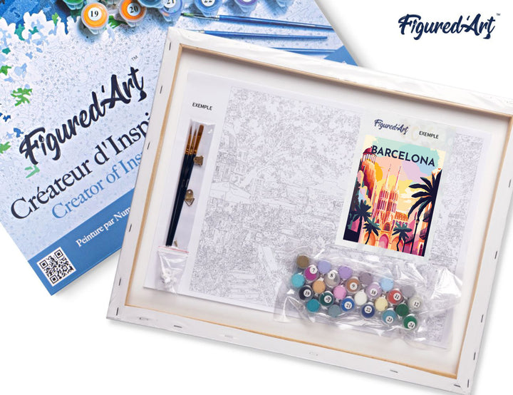 Malen nach Zahlen 40x50cm auf Keilrahmen gespannt Figured’Art Reiseplakat Barcelona