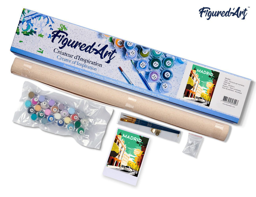 Malen nach Zahlen 40x50cm ohne Keilrahmen Figured’Art Vintage-Poster Madrid