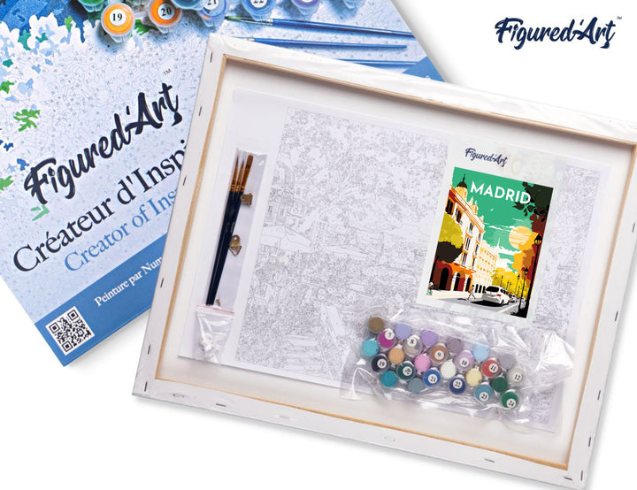 Malen nach Zahlen 40x50cm auf Keilrahmen gespannt Figured’Art Vintage-Poster Madrid