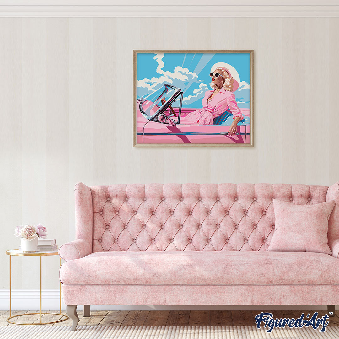 Malen nach Zahlen 40x50cm ohne Keilrahmen Figured’Art Diva in einem rosa Retro-Auto - Kidis Art
