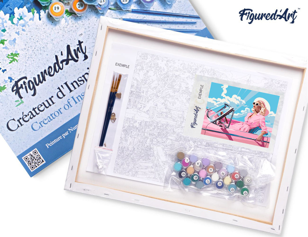 Malen nach Zahlen 40x50cm auf Keilrahmen gespannt Figured’Art Diva in einem rosa Retro-Auto