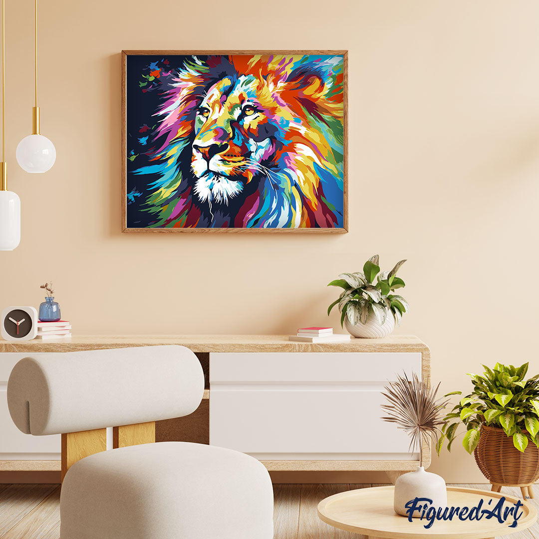 Malen nach Zahlen 40x50cm ohne Keilrahmen Figured’Art Löwe Farbenfroh Abstrakt - Kidis Art
