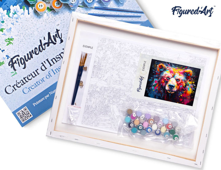 Malen nach Zahlen 40x50cm auf Keilrahmen gespannt Figured’Art Bär Farbenfroh Abstrakt