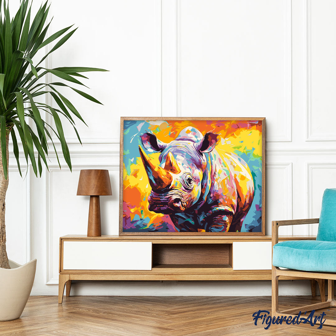 Malen nach Zahlen 40x50cm ohne Keilrahmen Figured’Art Nashorn Farbenfroh Abstrakt - Kidis Art