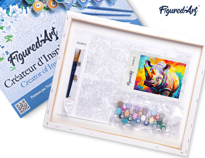 Malen nach Zahlen 40x50cm auf Keilrahmen gespannt Figured’Art Nashorn Farbenfroh Abstrakt - Kidis Art