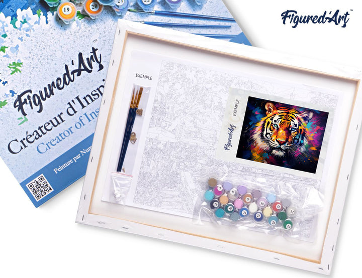 Malen nach Zahlen 40x50cm auf Keilrahmen gespannt Figured’Art Tiger Farbenfroh Abstrakt - Kidis Art
