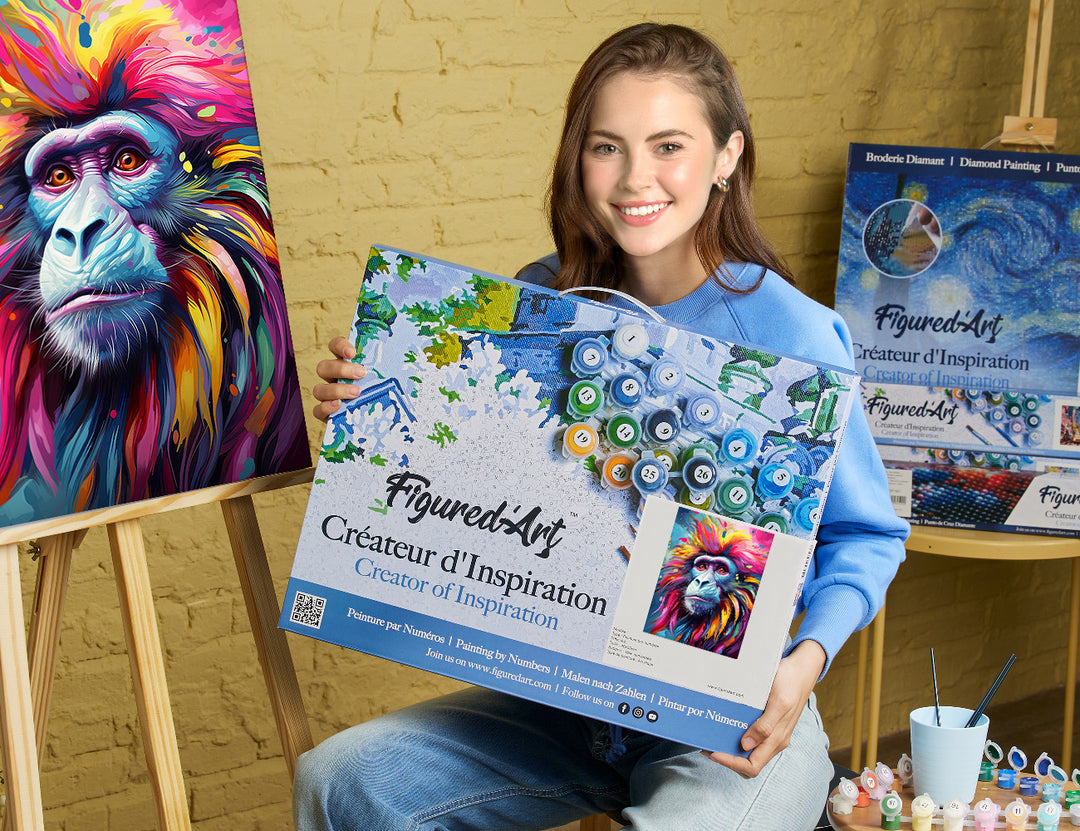 Malen nach Zahlen 40x50cm auf Keilrahmen gespannt Figured’Art Pavian Farbenfroh Abstrakt