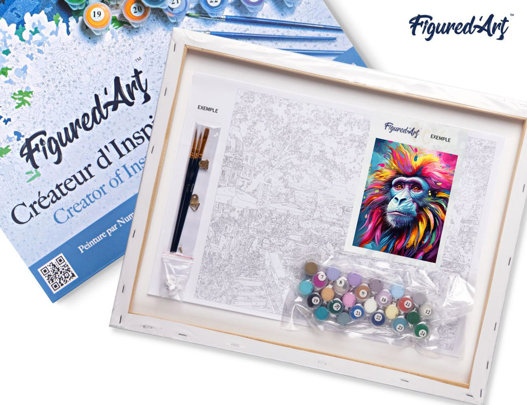 Malen nach Zahlen 40x50cm auf Keilrahmen gespannt Figured’Art Pavian Farbenfroh Abstrakt