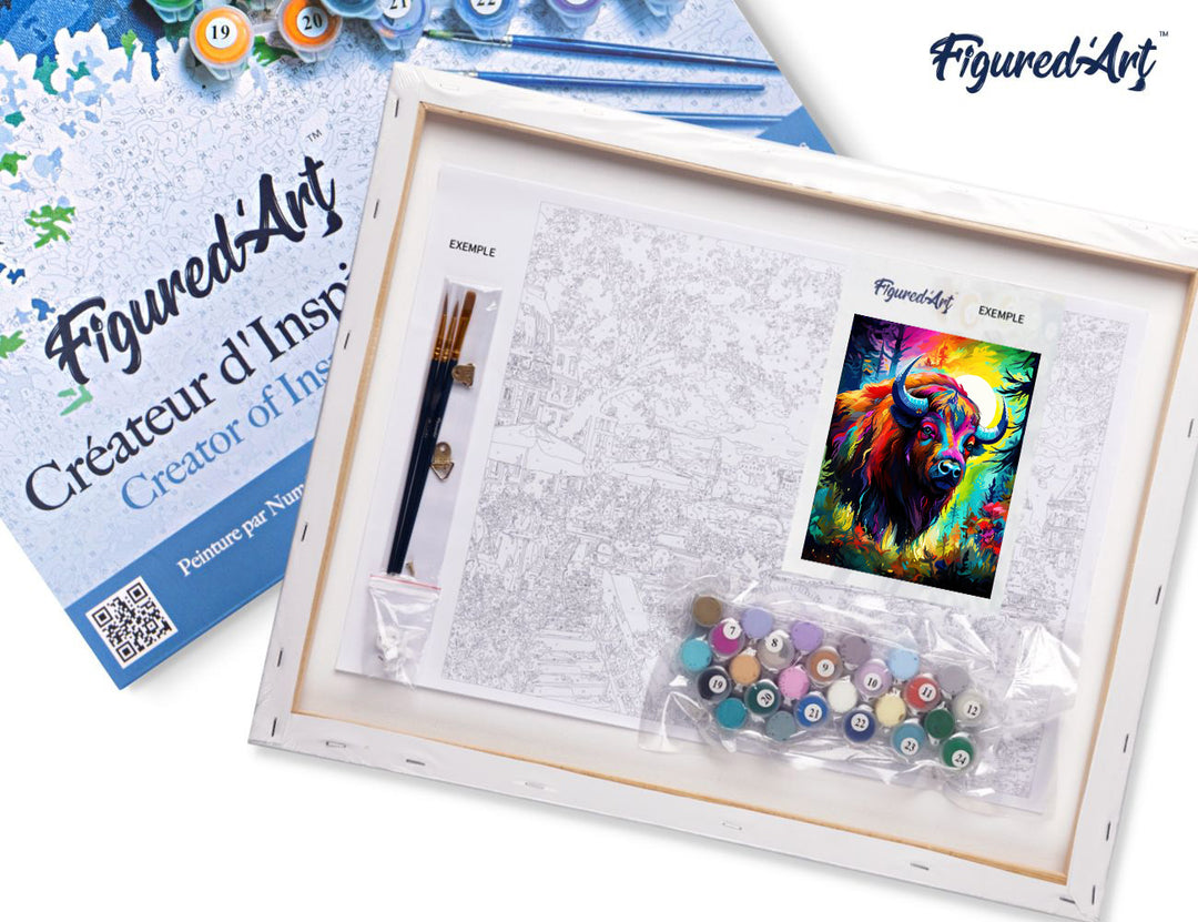 Malen nach Zahlen 40x50cm auf Keilrahmen gespannt Figured’Art Bison Farbenfroh Abstrakt