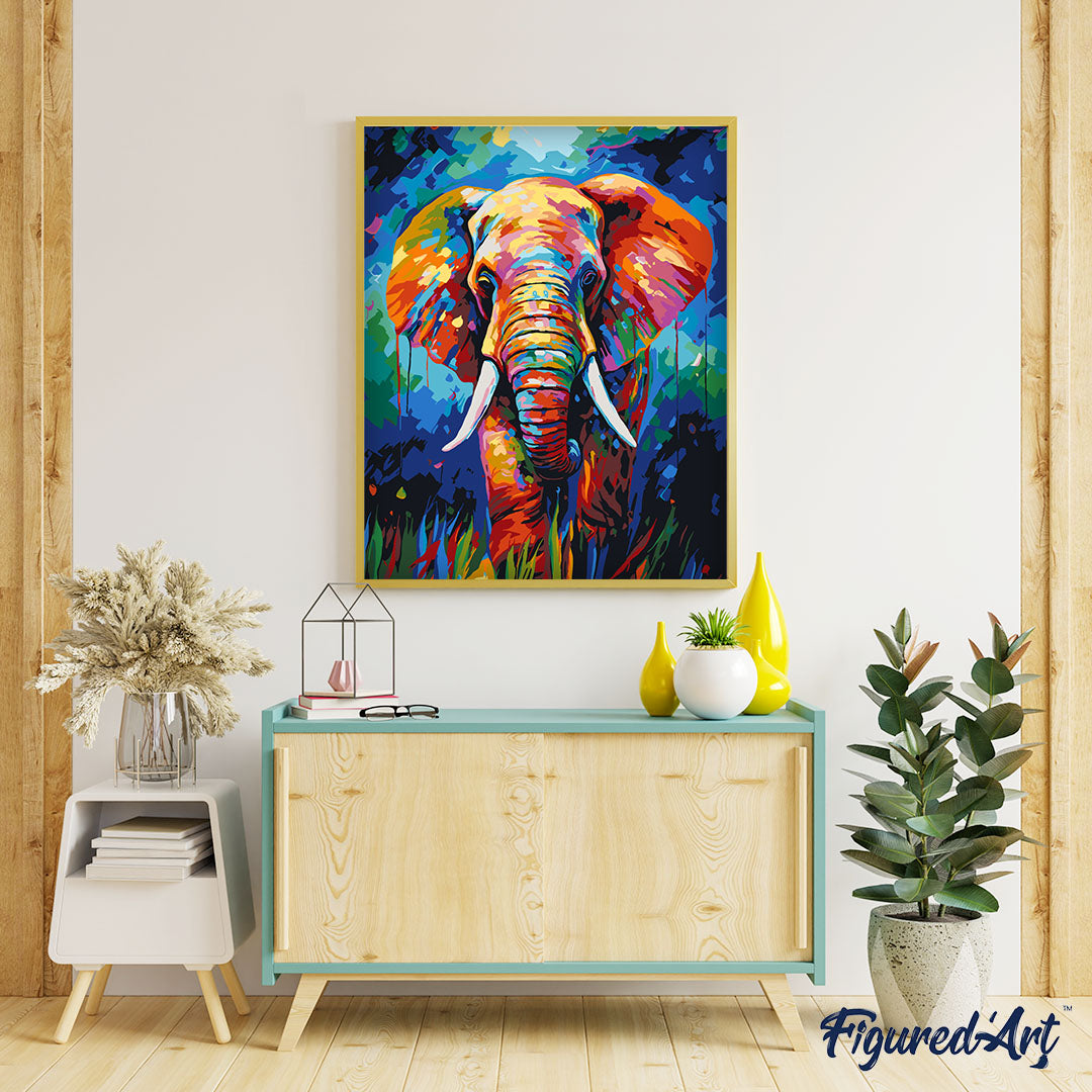 Malen nach Zahlen 40x50cm auf Keilrahmen gespannt Figured’Art Elefant Farbenfroh Abstrakt - Kidis Art