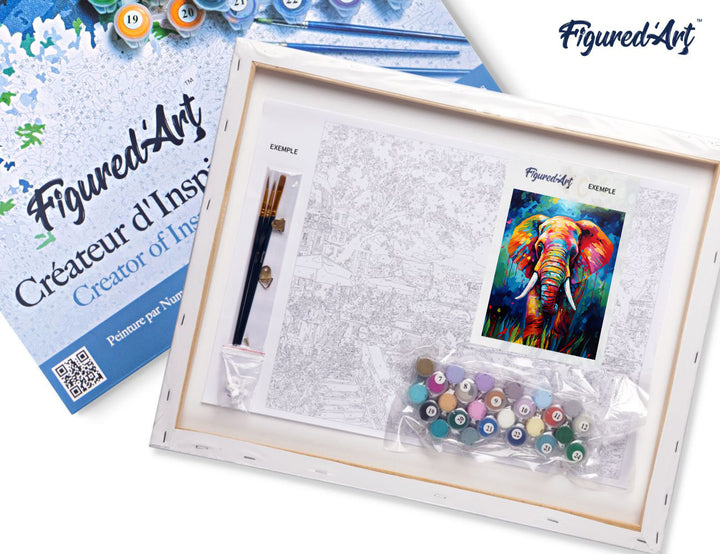 Malen nach Zahlen 40x50cm auf Keilrahmen gespannt Figured’Art Elefant Farbenfroh Abstrakt