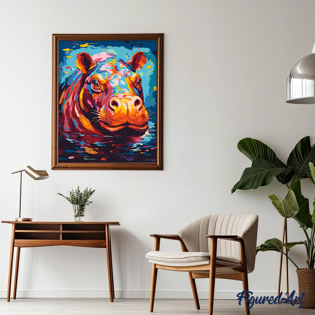 Malen nach Zahlen 40x50cm ohne Keilrahmen Figured’Art Flusspferd Farbenfroh Abstrakt - Kidis Art