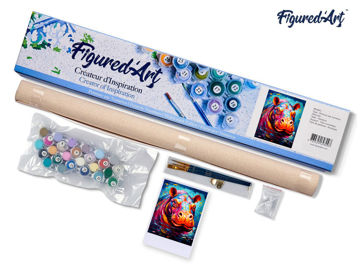 Malen nach Zahlen 40x50cm ohne Keilrahmen Figured’Art Flusspferd Farbenfroh Abstrakt - Kidis Art