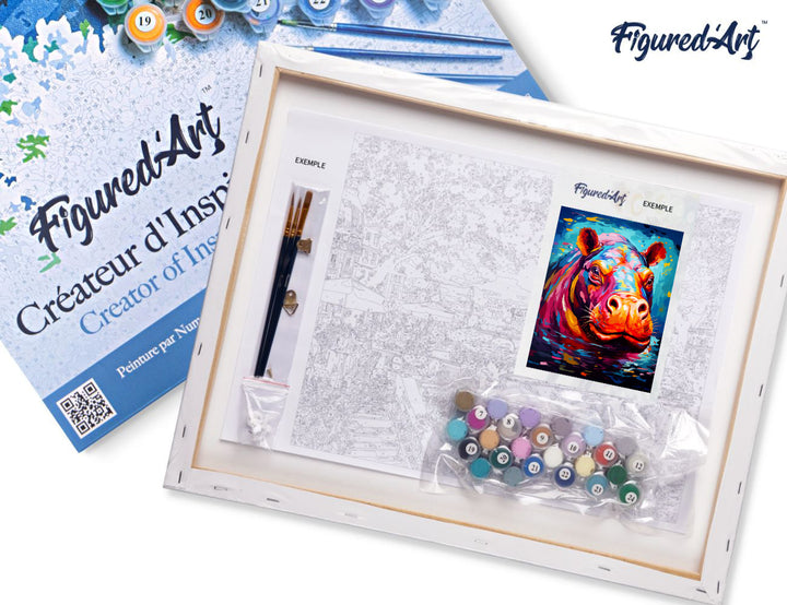 Malen nach Zahlen 40x50cm auf Keilrahmen gespannt Figured’Art Flusspferd Farbenfroh Abstrakt