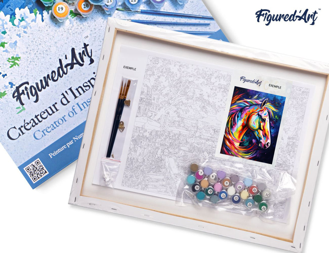 Malen nach Zahlen 40x50cm auf Keilrahmen gespannt Figured’Art Pferd Farbenfroh Abstrakt