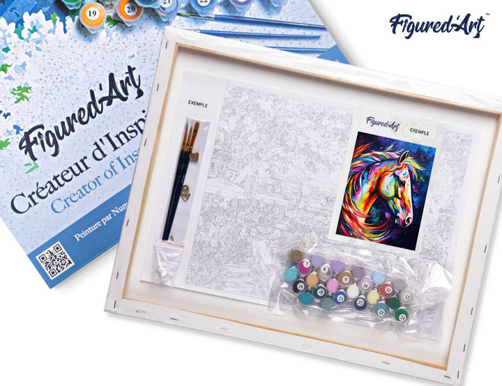 Malen nach Zahlen 40x50cm auf Keilrahmen gespannt Figured’Art Pferd Farbenfroh Abstrakt