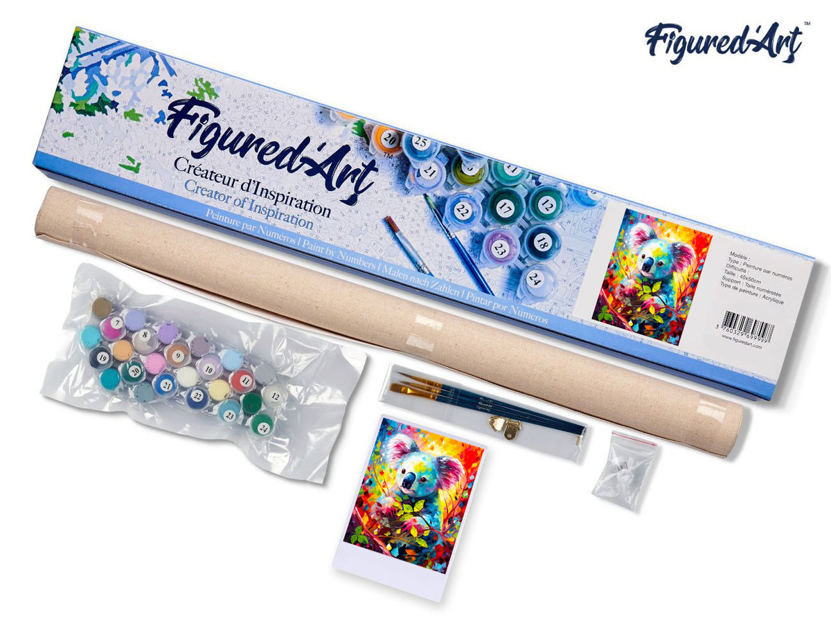 Malen nach Zahlen 40x50cm ohne Keilrahmen Figured’Art Koala Farbenfroh Abstrakt - Kidis Art