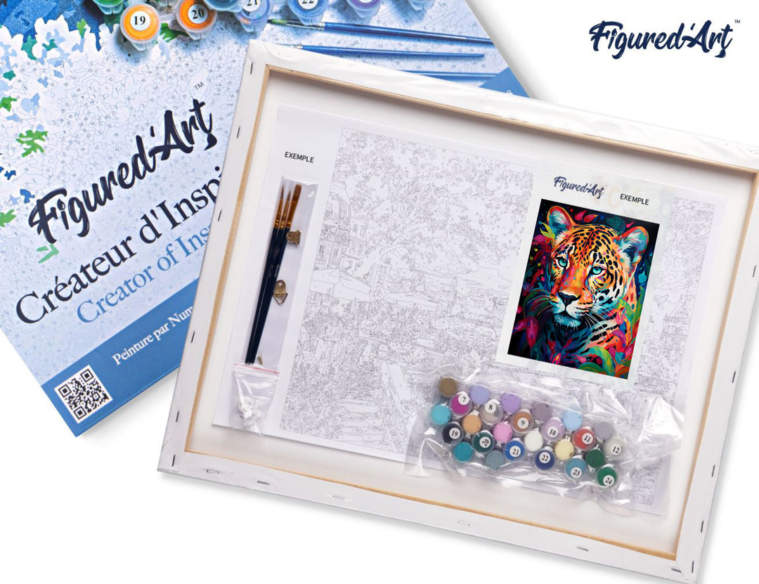 Malen nach Zahlen 40x50cm auf Keilrahmen gespannt Figured’Art Leopard Farbenfroh Abstrakt