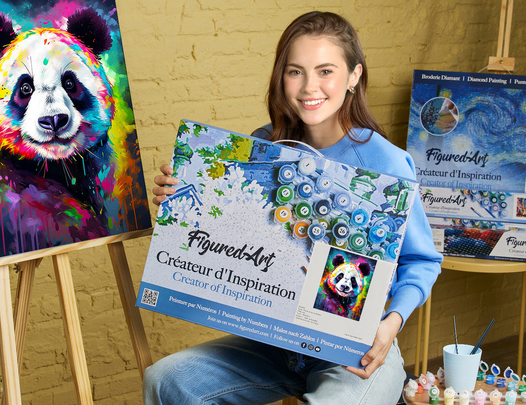 Malen nach Zahlen 40x50cm auf Keilrahmen gespannt Figured’Art Panda Farbenfroh Abstrakt