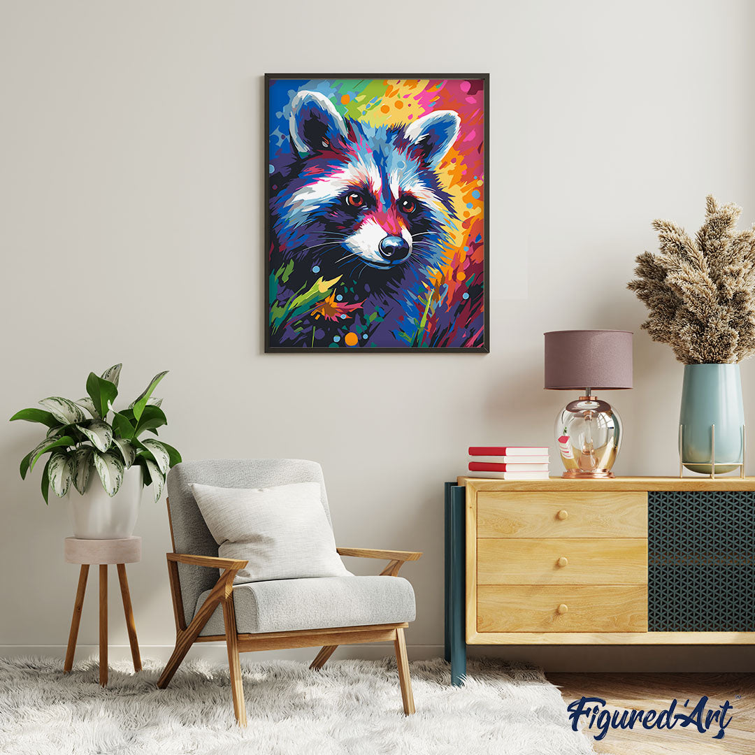 Malen nach Zahlen 40x50cm ohne Keilrahmen Figured’Art Waschbär Farbenfroh Abstrakt - Kidis Art