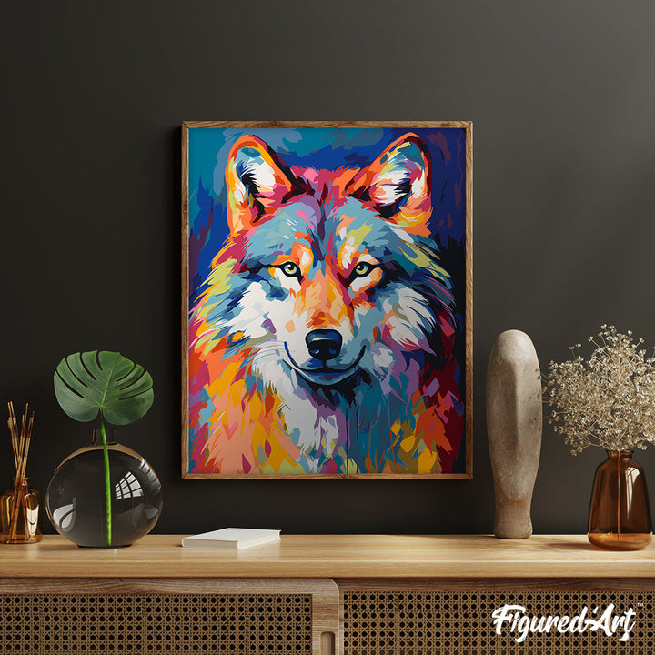 Malen nach Zahlen 40x50cm auf Keilrahmen gespannt Figured’Art Wolf Farbenfroh Abstrakt - Kidis Art
