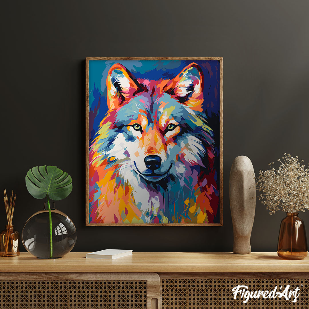Malen nach Zahlen 40x50cm ohne Keilrahmen Figured’Art Wolf Farbenfroh Abstrakt - Kidis Art