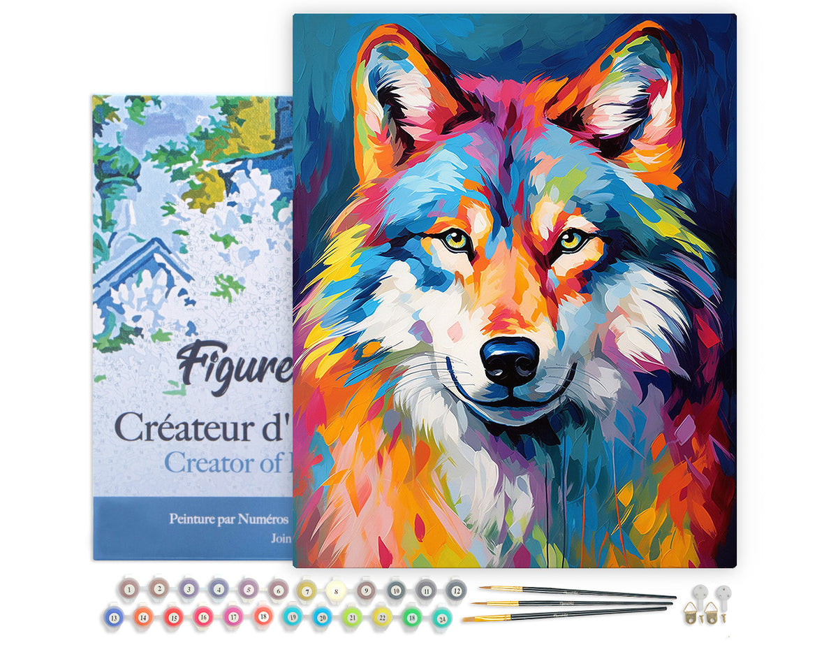 FiguredArt Malen Nach Zahlen 40x50cm Auf Keilrahmen Wolf Farbenfroh Abstrakt Komplettset - Kidis Art