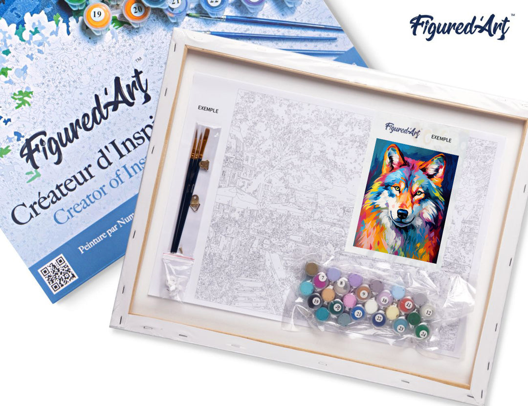 FiguredArt Malen Nach Zahlen 40x50cm Auf Keilrahmen Wolf Farbenfroh Abstrakt Komplettset - Kidis Art