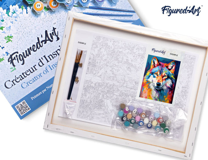 FiguredArt Malen Nach Zahlen 40x50cm Auf Keilrahmen Wolf Farbenfroh Abstrakt Komplettset - Kidis Art