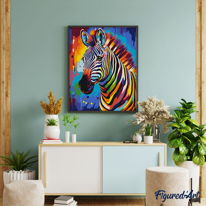 Malen nach Zahlen 40x50cm auf Keilrahmen gespannt Figured’Art Zebra Farbenfroh Abstrakt - Kidis Art