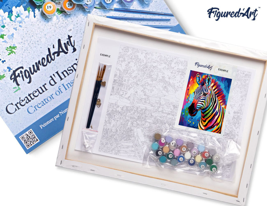 Malen nach Zahlen 40x50cm auf Keilrahmen gespannt Figured’Art Zebra Farbenfroh Abstrakt - Kidis Art