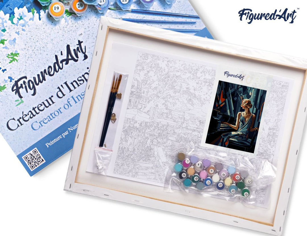 Malen nach Zahlen 40x50cm auf Keilrahmen gespannt Figured’Art Art-Deco-Frau am Klavier