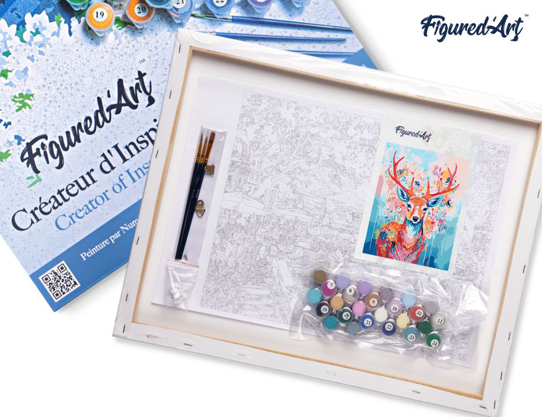 Malen nach Zahlen 40x50cm auf Keilrahmen gespannt Figured’Art Bunter Hirsch in voller Blüte