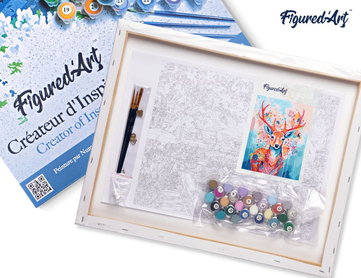 Malen nach Zahlen 40x50cm auf Keilrahmen gespannt Figured’Art Bunter Hirsch in voller Blüte