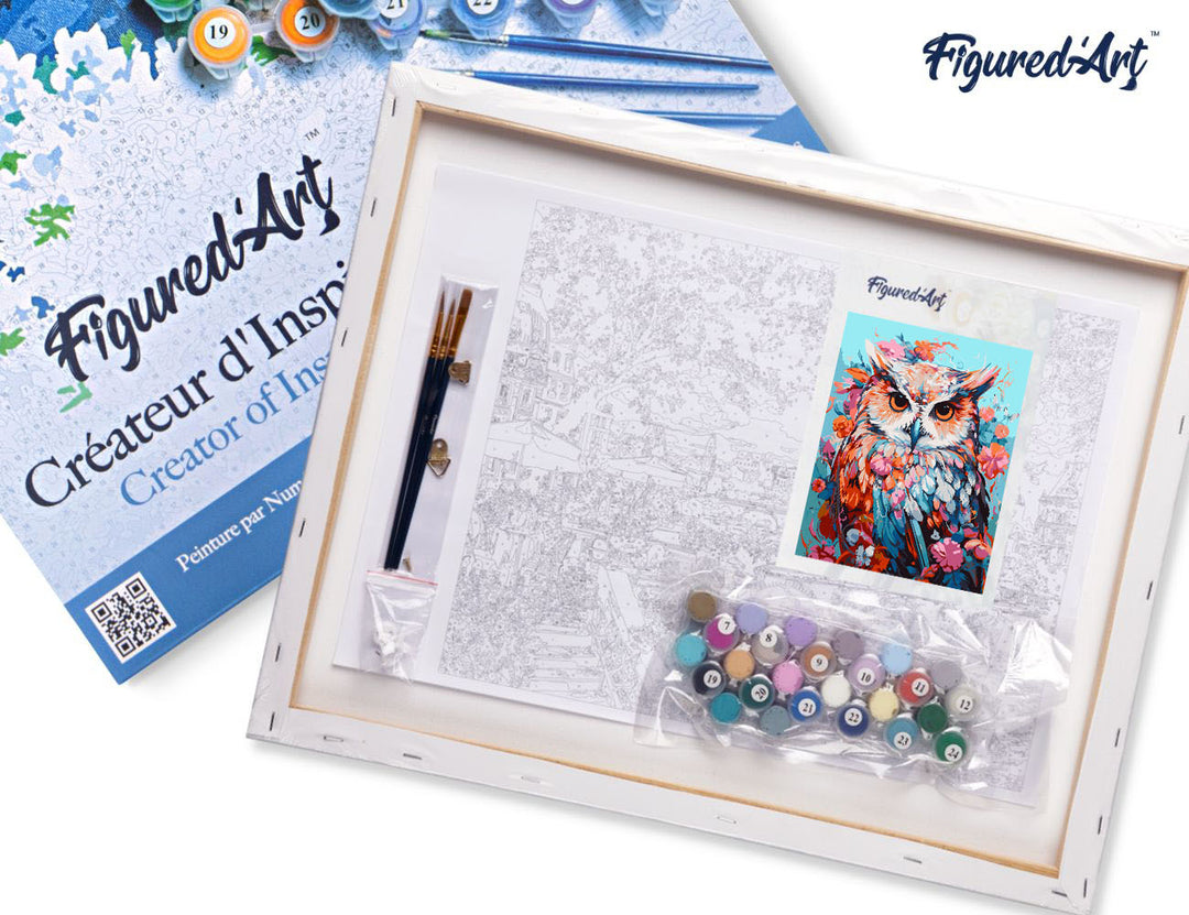 Malen nach Zahlen 40x50cm auf Keilrahmen gespannt Figured’Art Bunte Eule in voller Blüte
