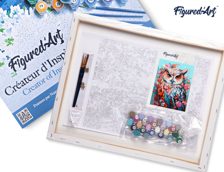 Malen nach Zahlen 40x50cm auf Keilrahmen gespannt Figured’Art Bunte Eule in voller Blüte