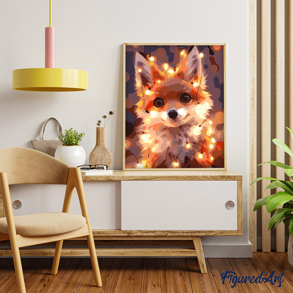 Figured'Art Malen nach Zahlen 40x50cm auf Keilrahmen gespannt Kleiner Fuchs mit Glühbirnen - Kidis Art
