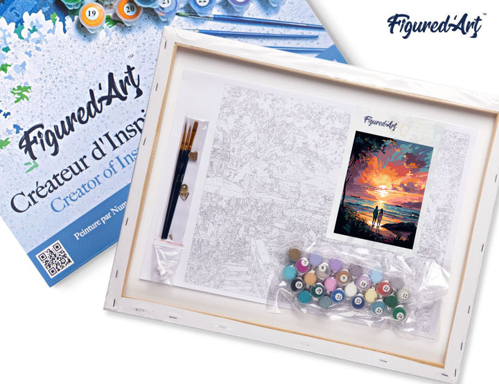 Malen nach Zahlen 40x50cm auf Keilrahmen gespannt Figured’Art Pärchen und bunter Sonnenuntergang